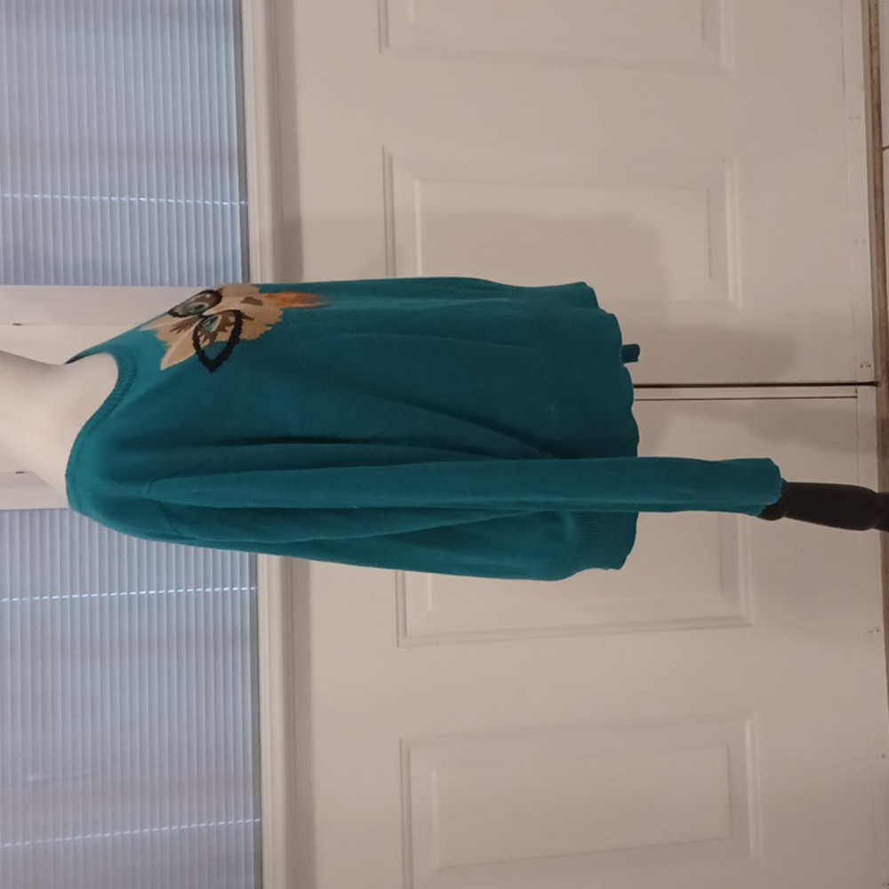 4/$40 Teal Sweater with Cat & Glasses Design - Fits Size L/XL - Picture 3 of 7